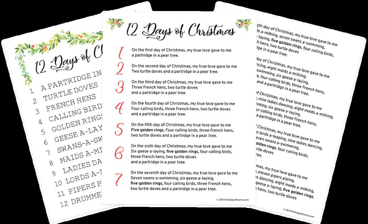 12 days of christmas lyrics printable