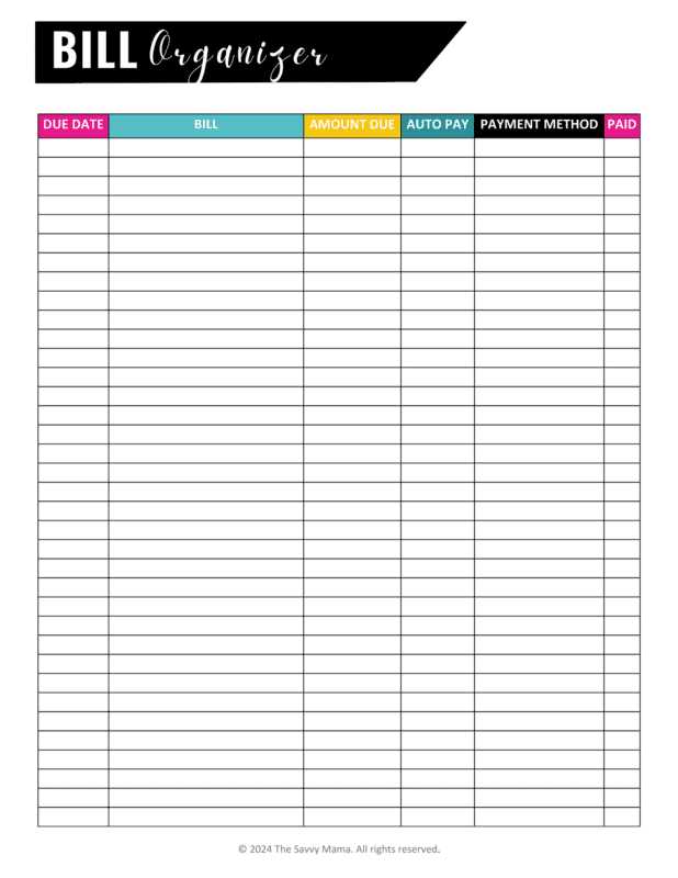 bill planner printable