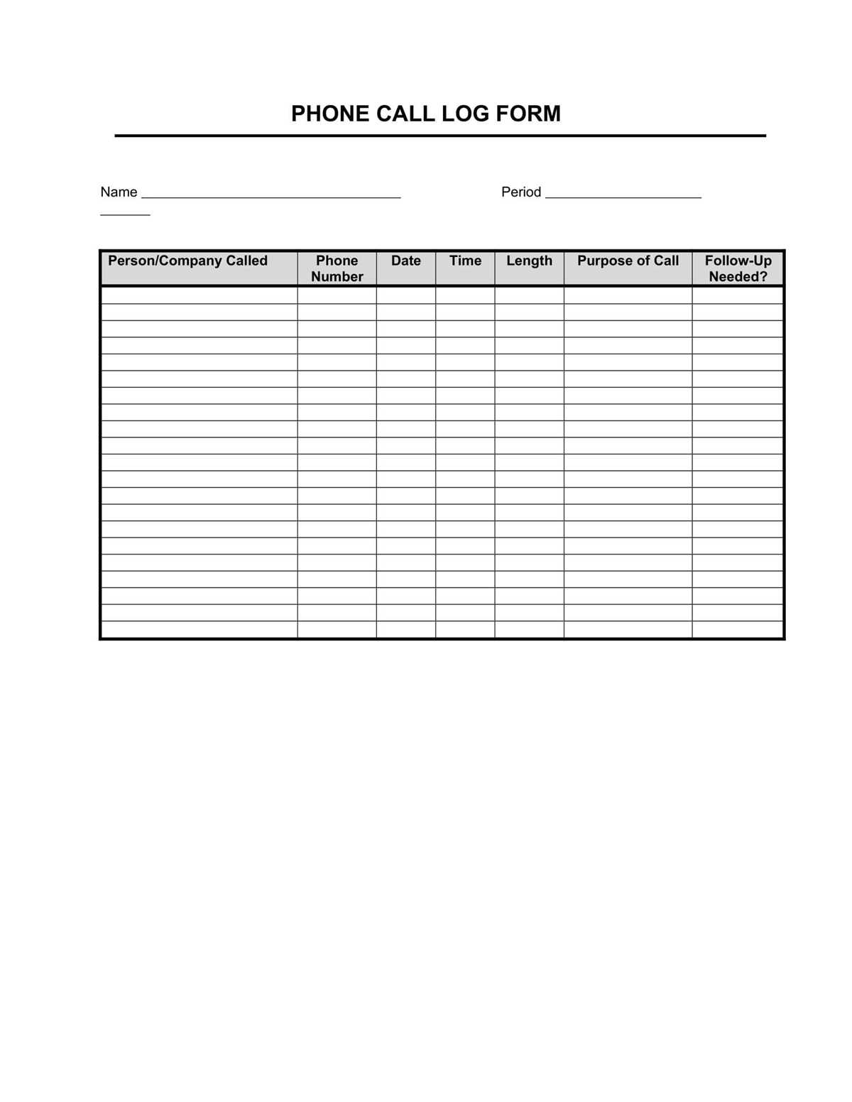 call log template printable