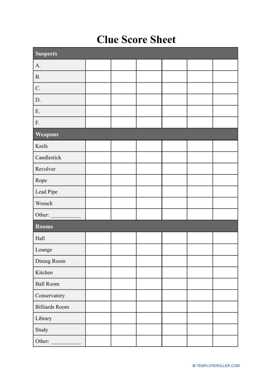 clue printable sheets