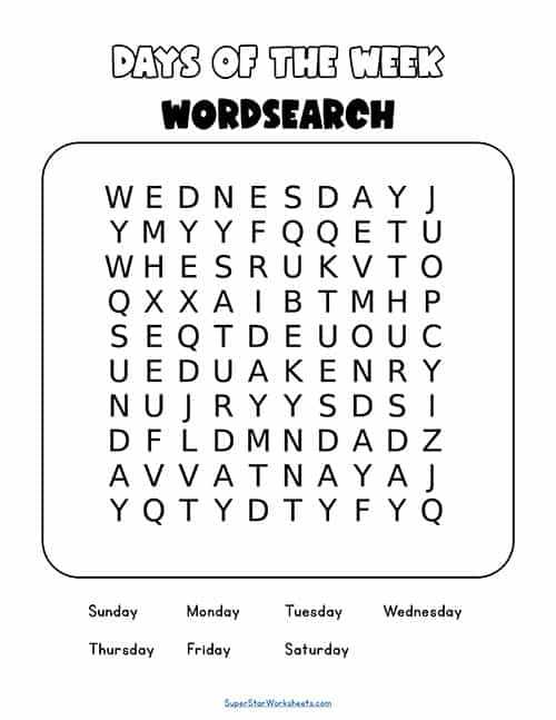 days of the week chart free printable