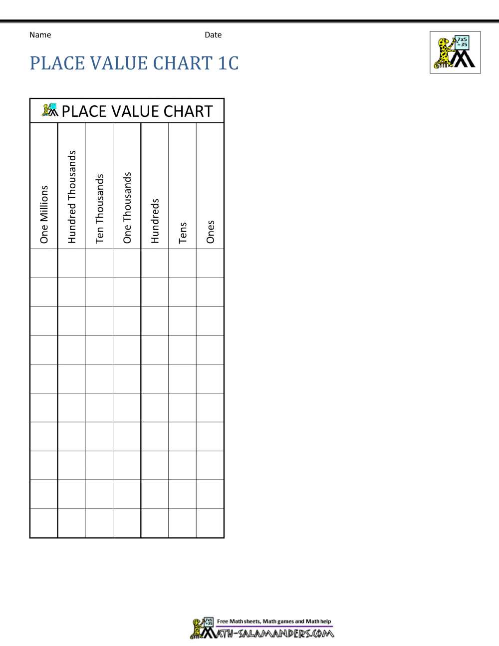 free place value chart printable