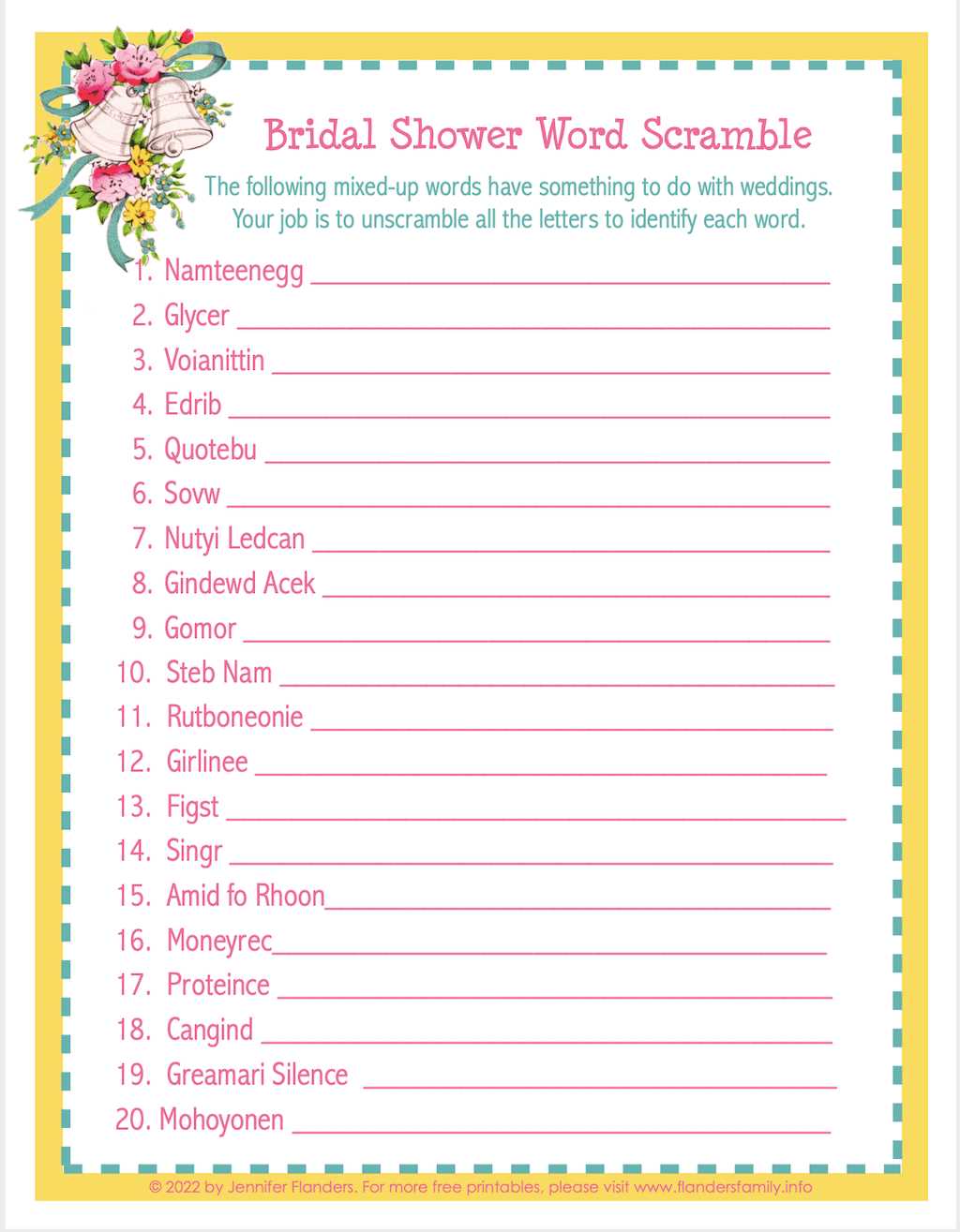 free printable bridal shower word scramble