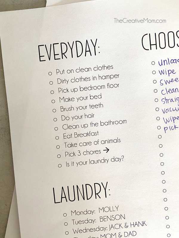 free printable chore list chart