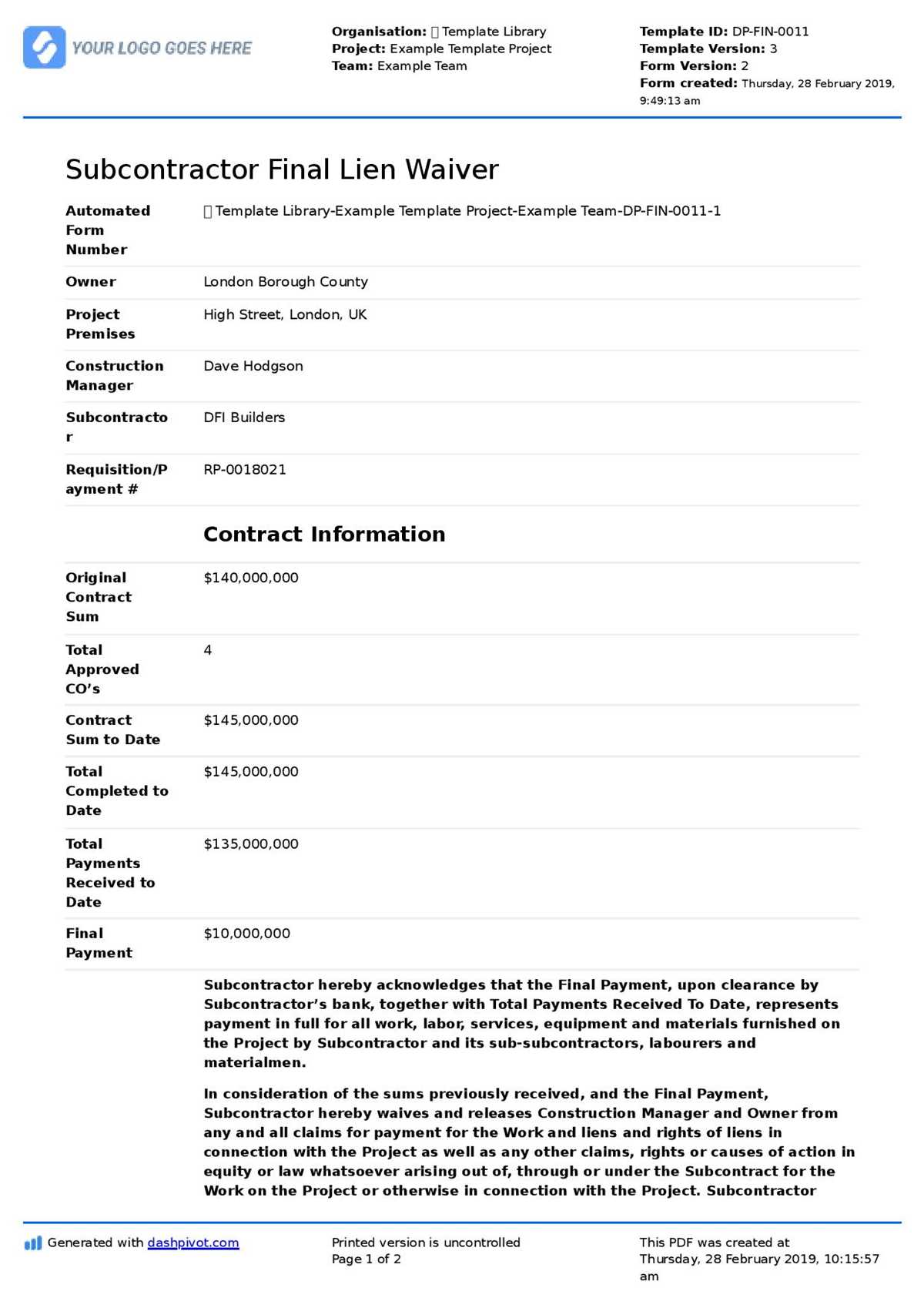 free printable lien waiver form