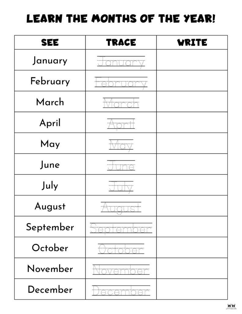 free printable months of the year chart