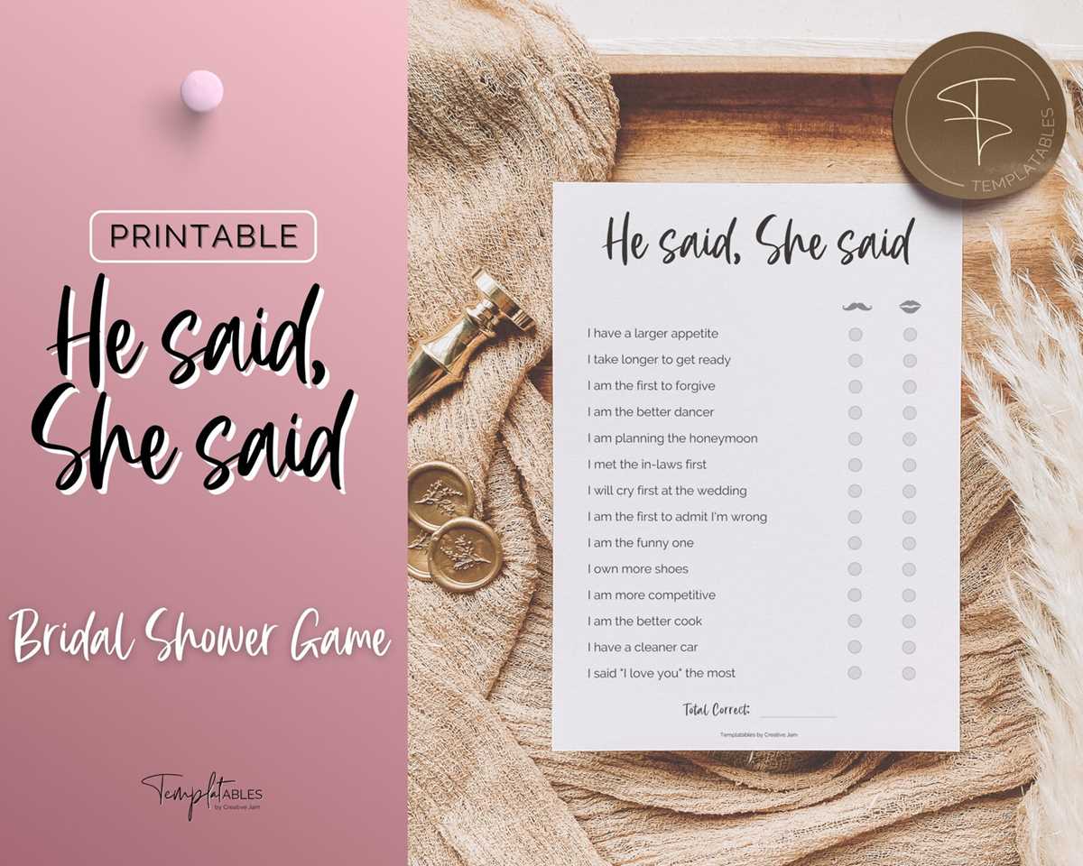 he said she said bridal shower game printable
