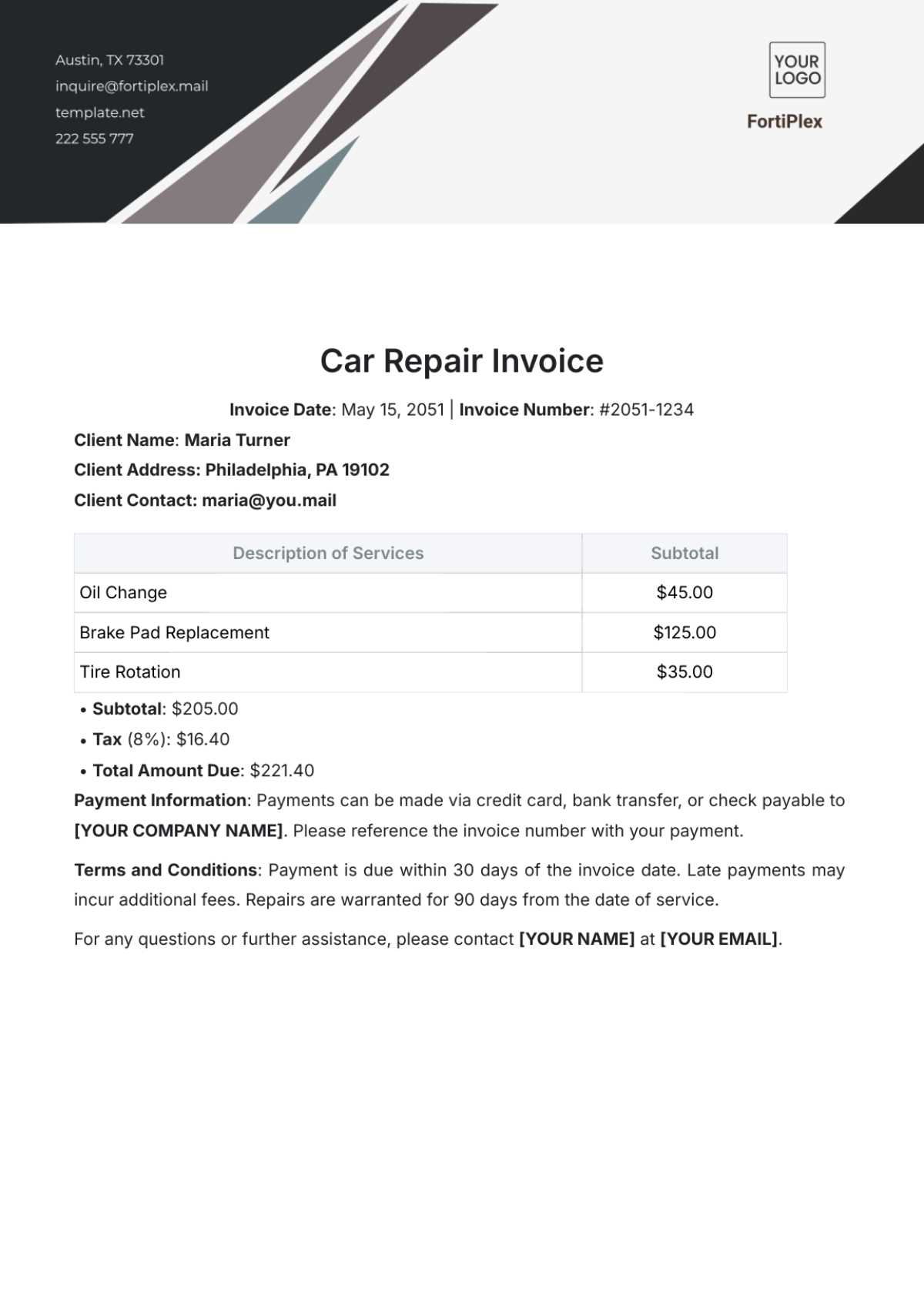 printable auto repair invoice