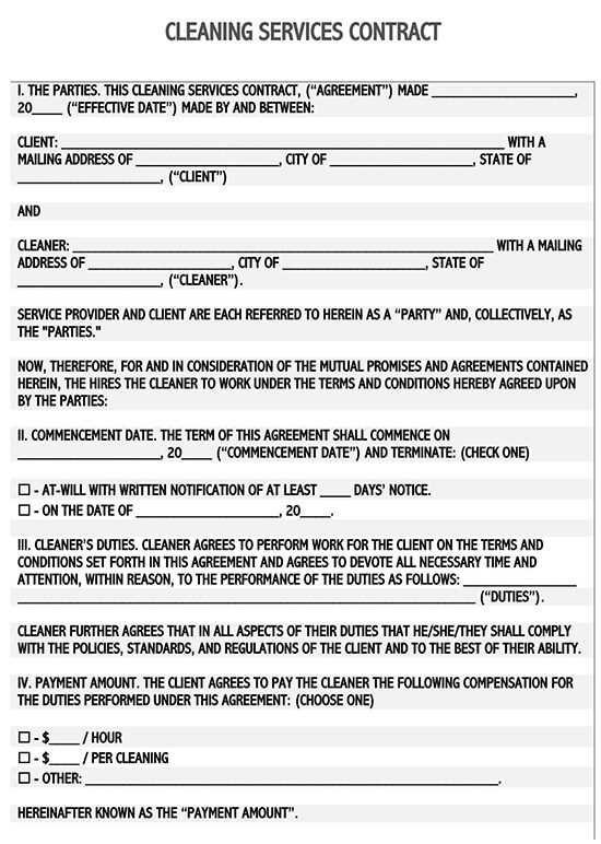 printable cleaning contract template