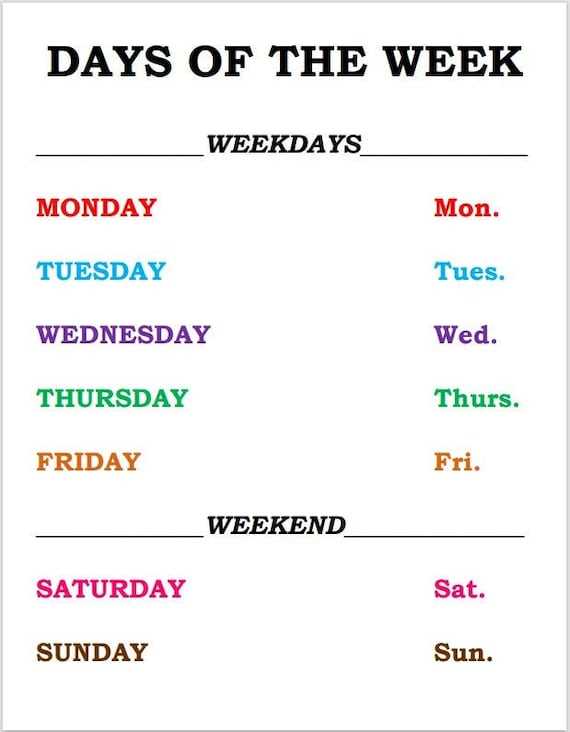 printable days of week chart