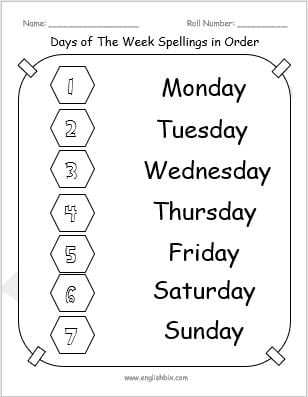 printable days of week chart