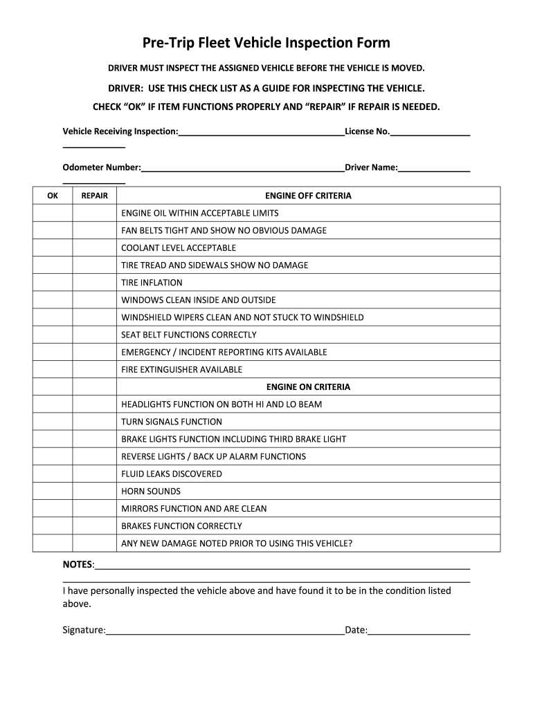 printable pre trip inspection checklist