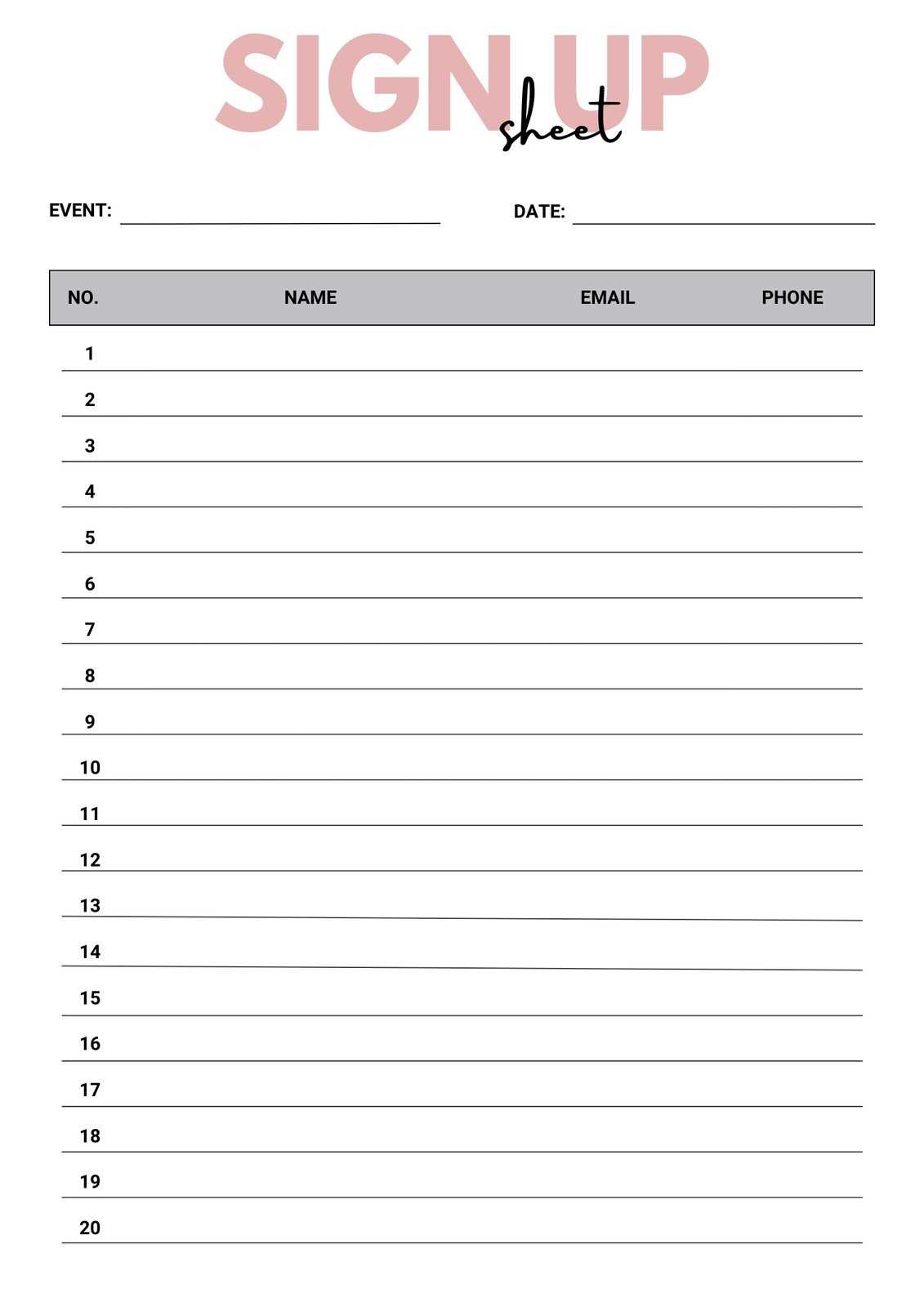 sign up sheet template printable