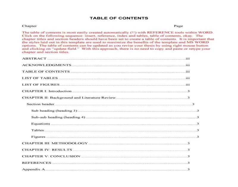 table of contents printable
