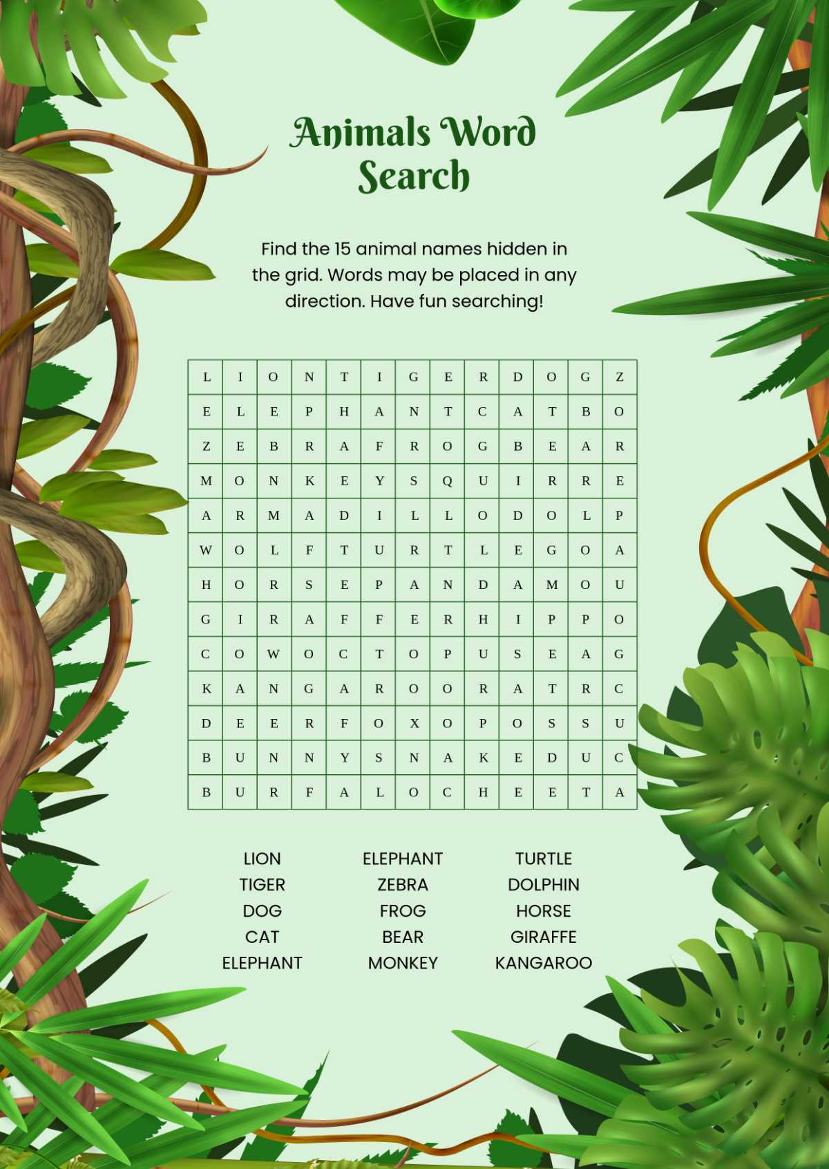 word search printable animals