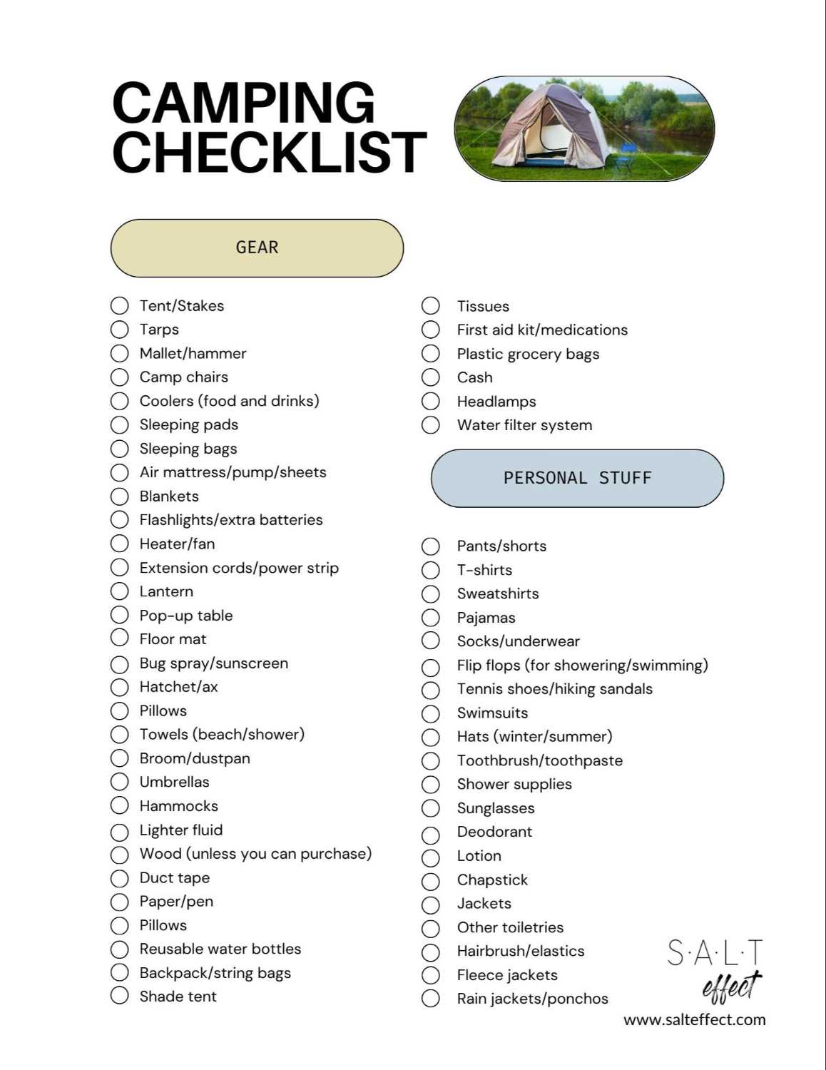 tent camping checklist printable