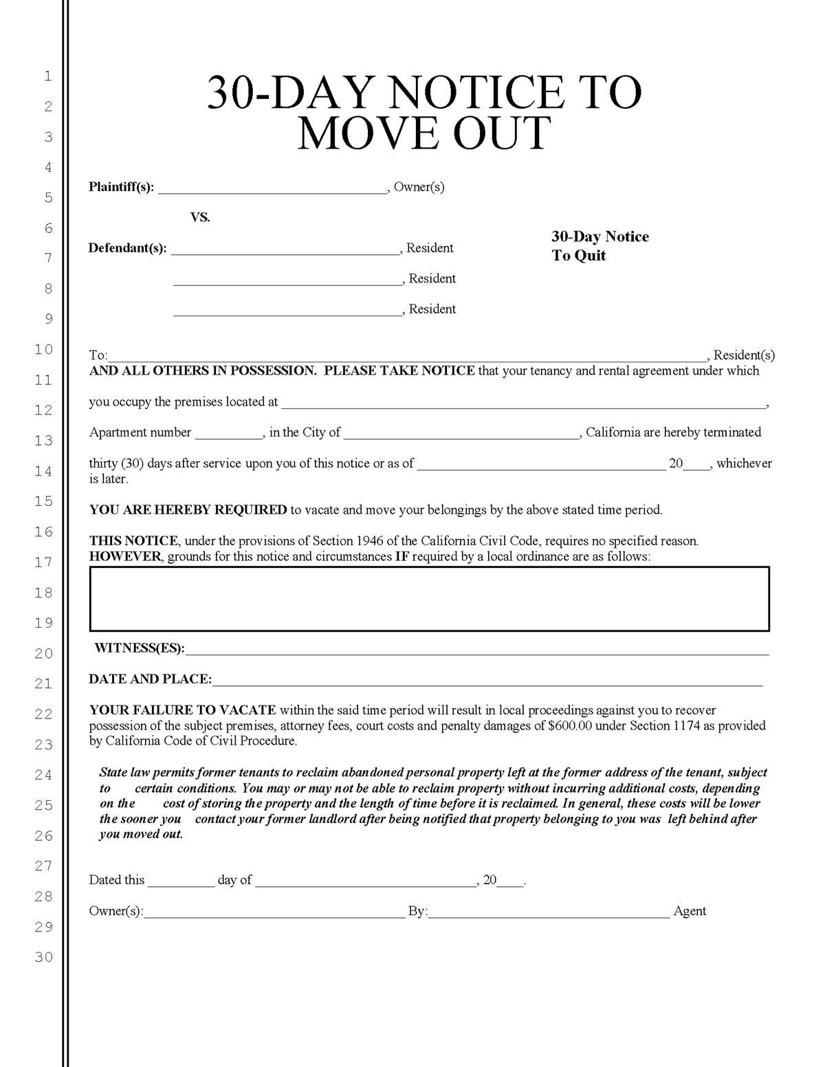 free printable 30 day notice to vacate california