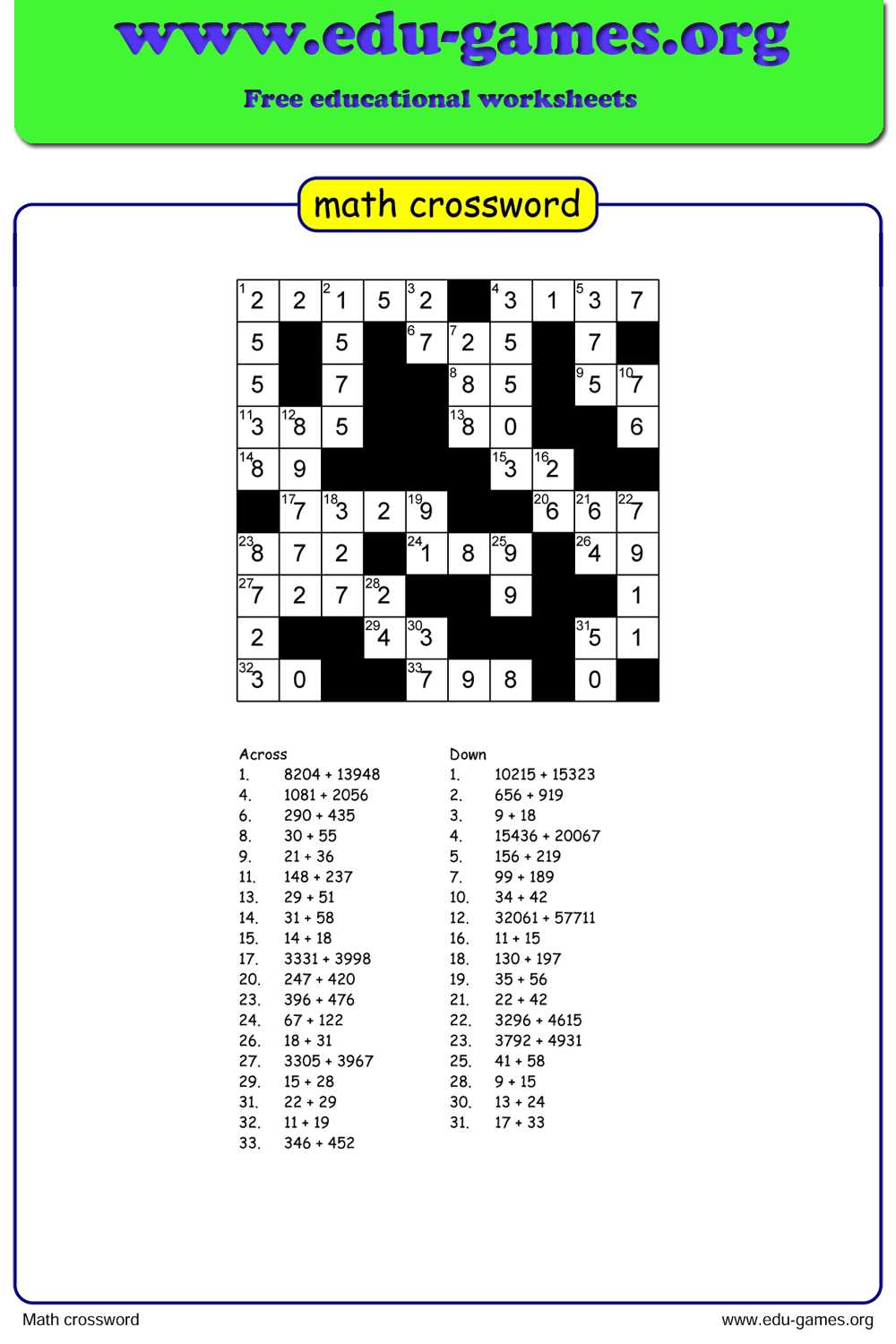 free printable math crossword puzzles