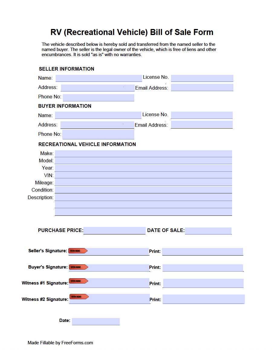 free printable rv bill of sale