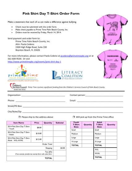 free printable t shirt order form