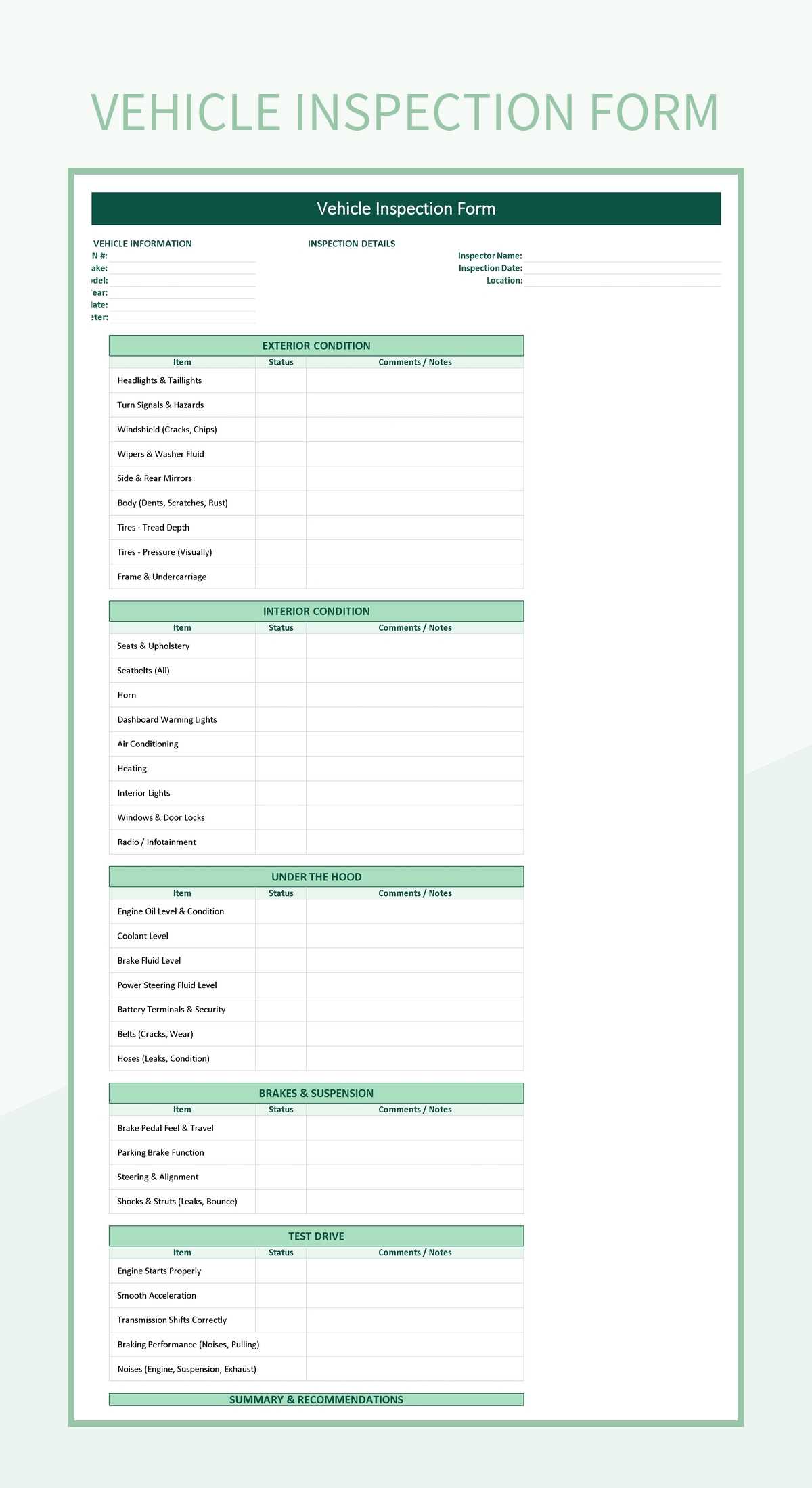 free printable vehicle inspection form