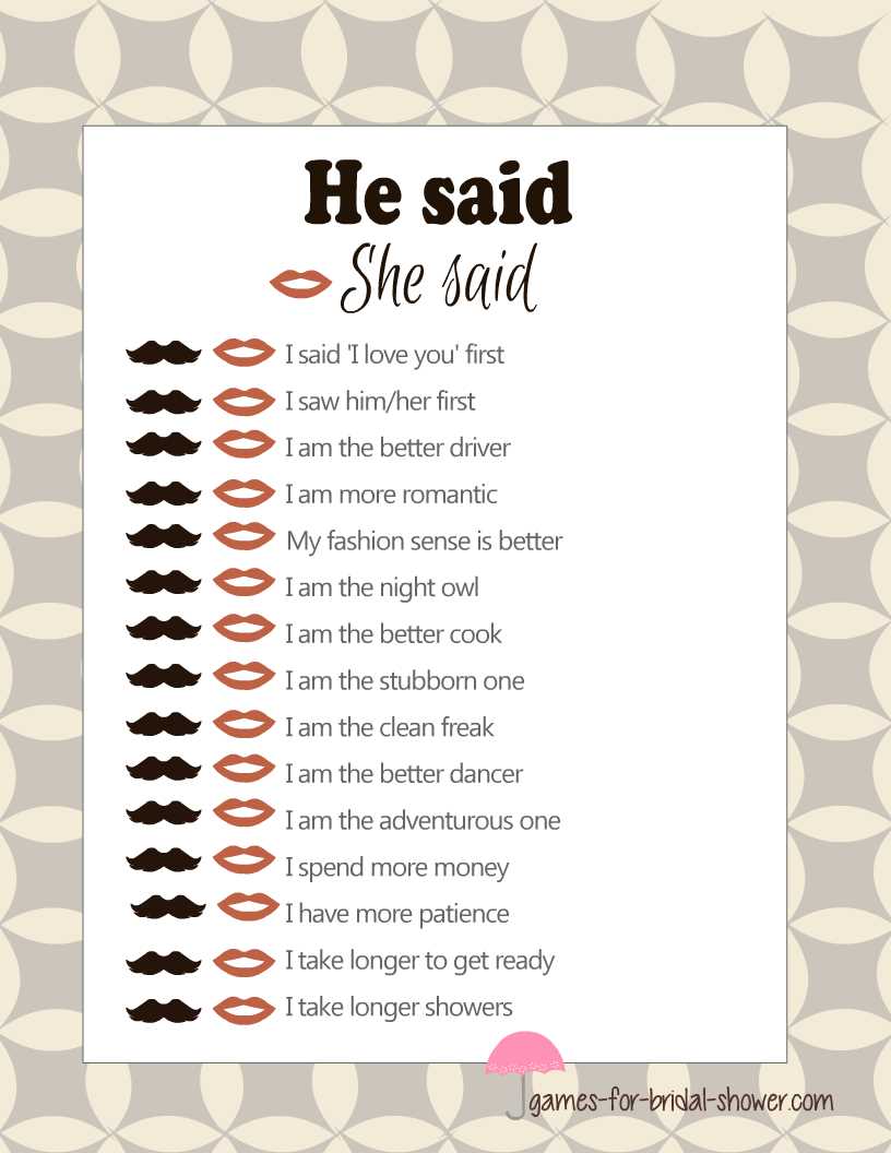 he said she said bridal shower game printable