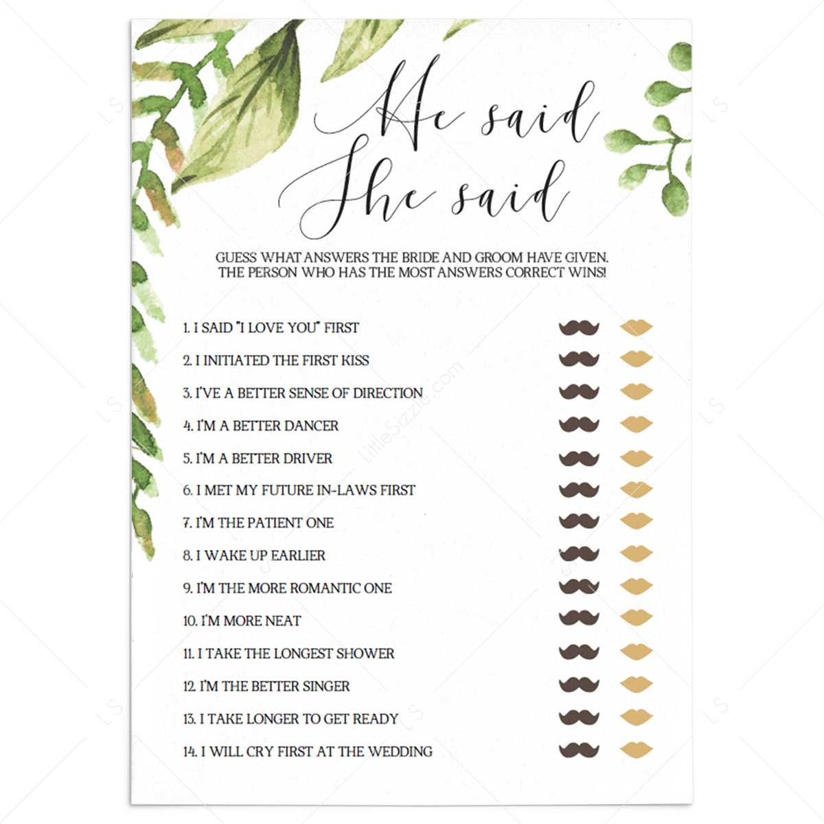 he said she said bridal shower game printable