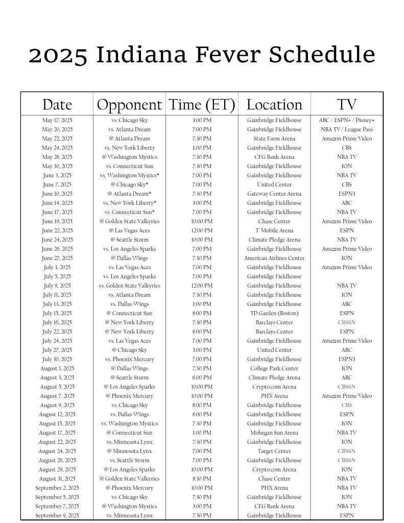indiana fever printable schedule
