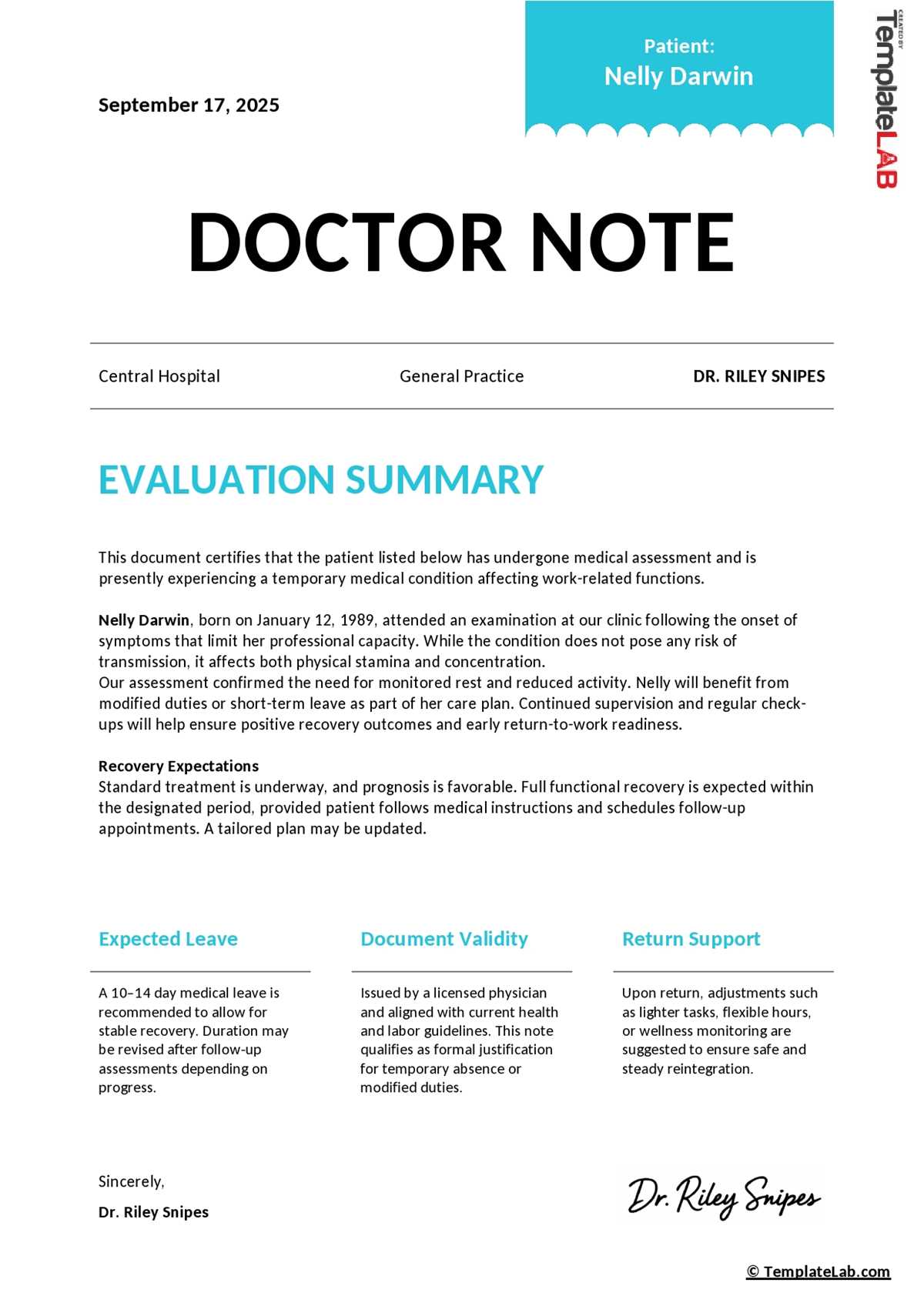 doctor note for work printable