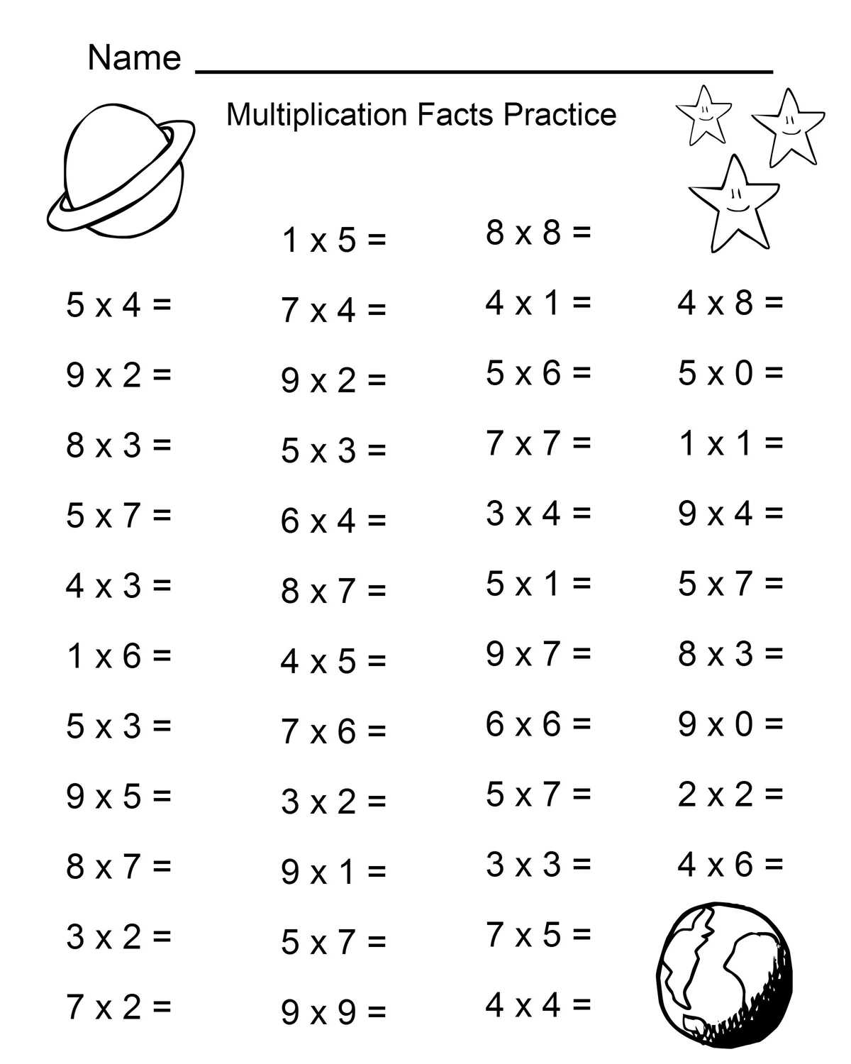 multiplication facts worksheets free printable