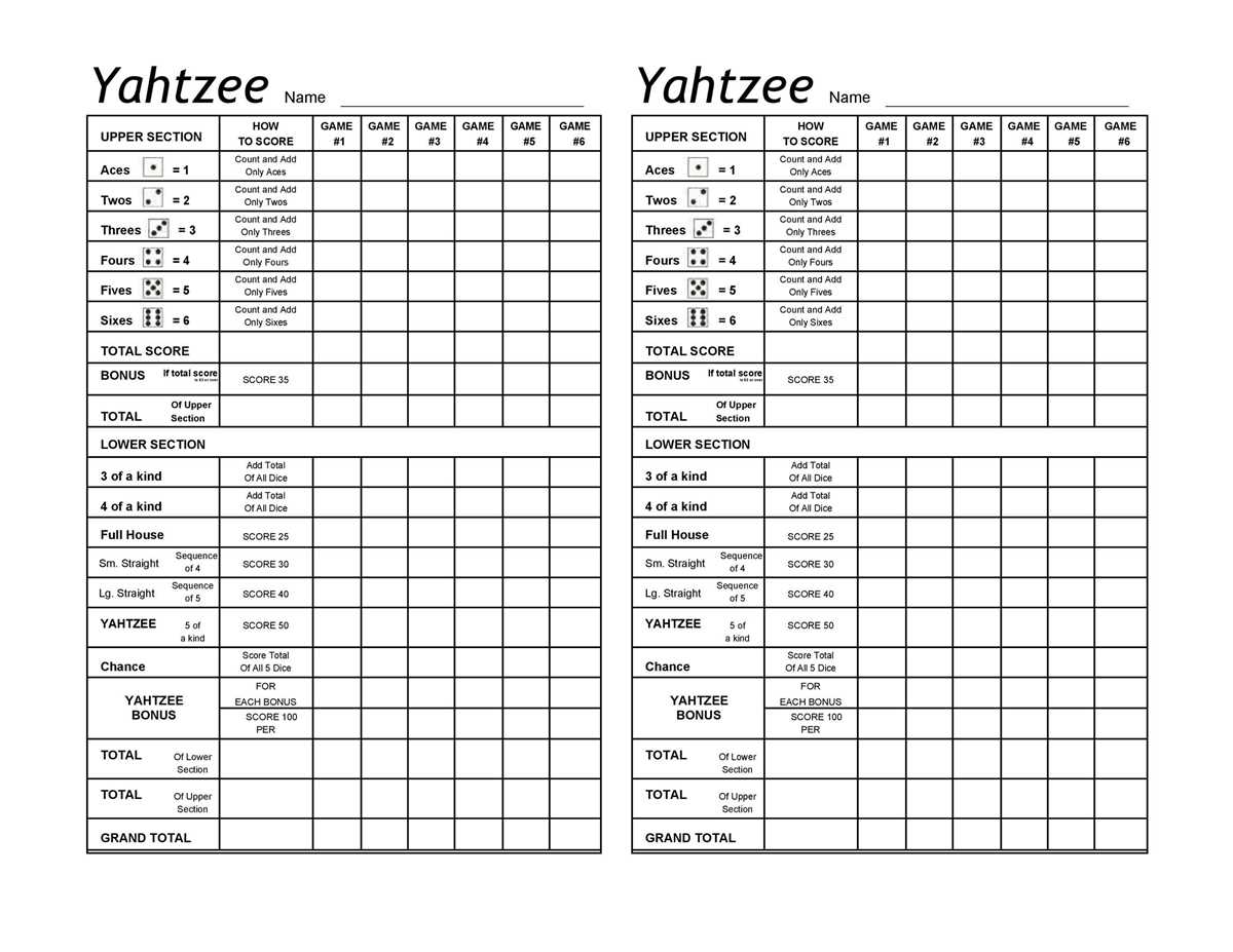 yahtzee score card printable
