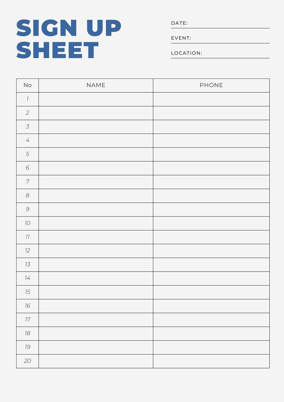 sign up sheet template printable