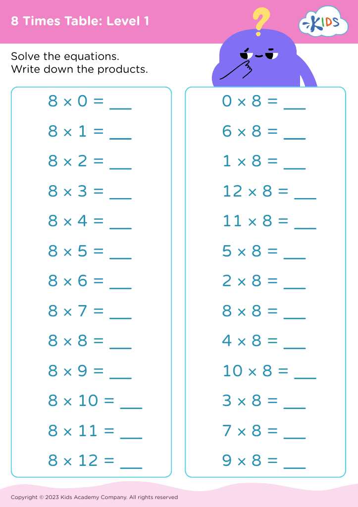8 times tables printable