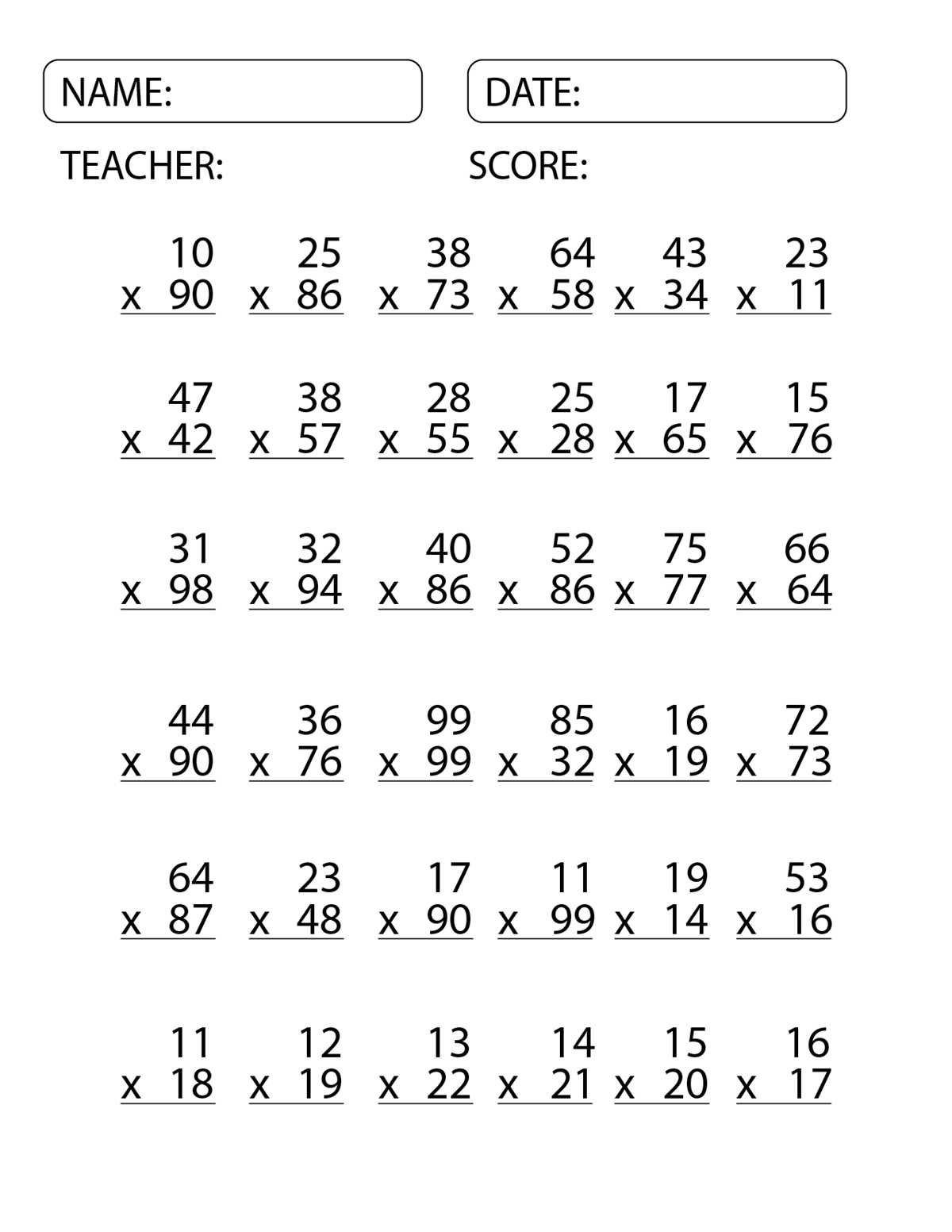 printable 2 digit multiplication worksheets