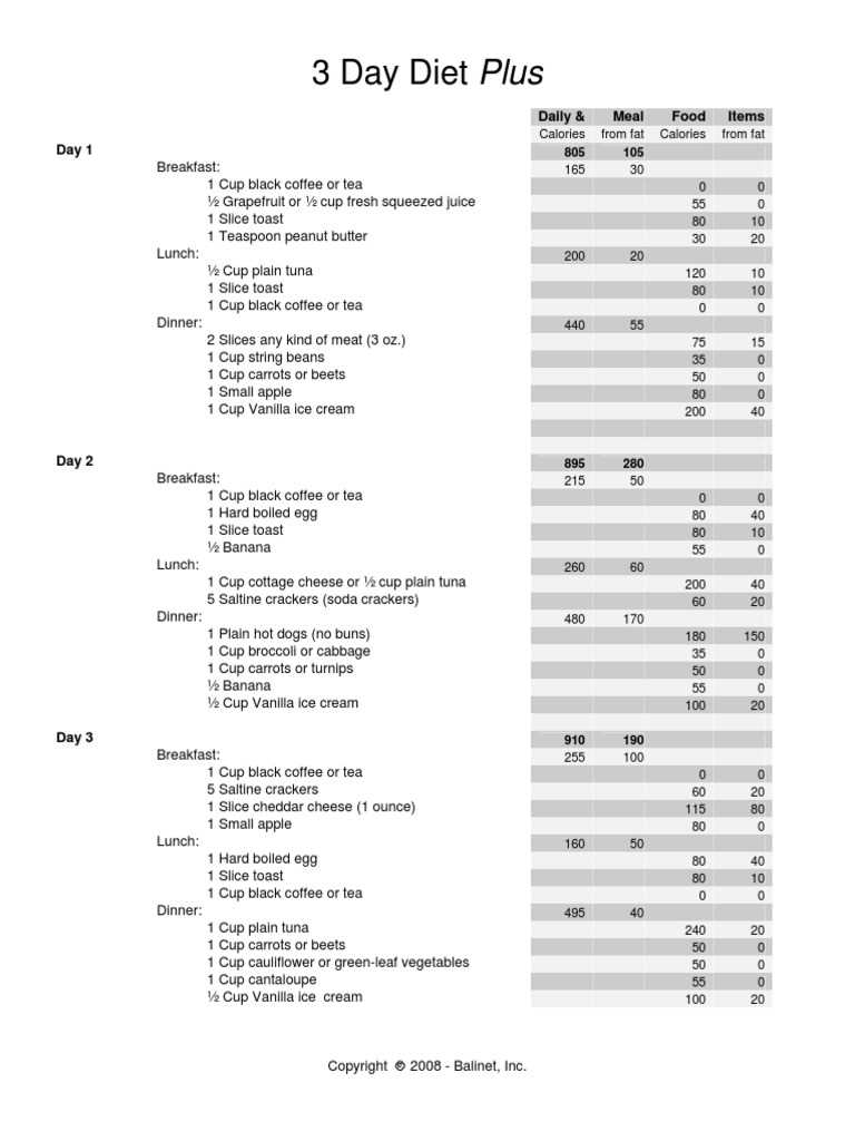 printable 3 day diet menu