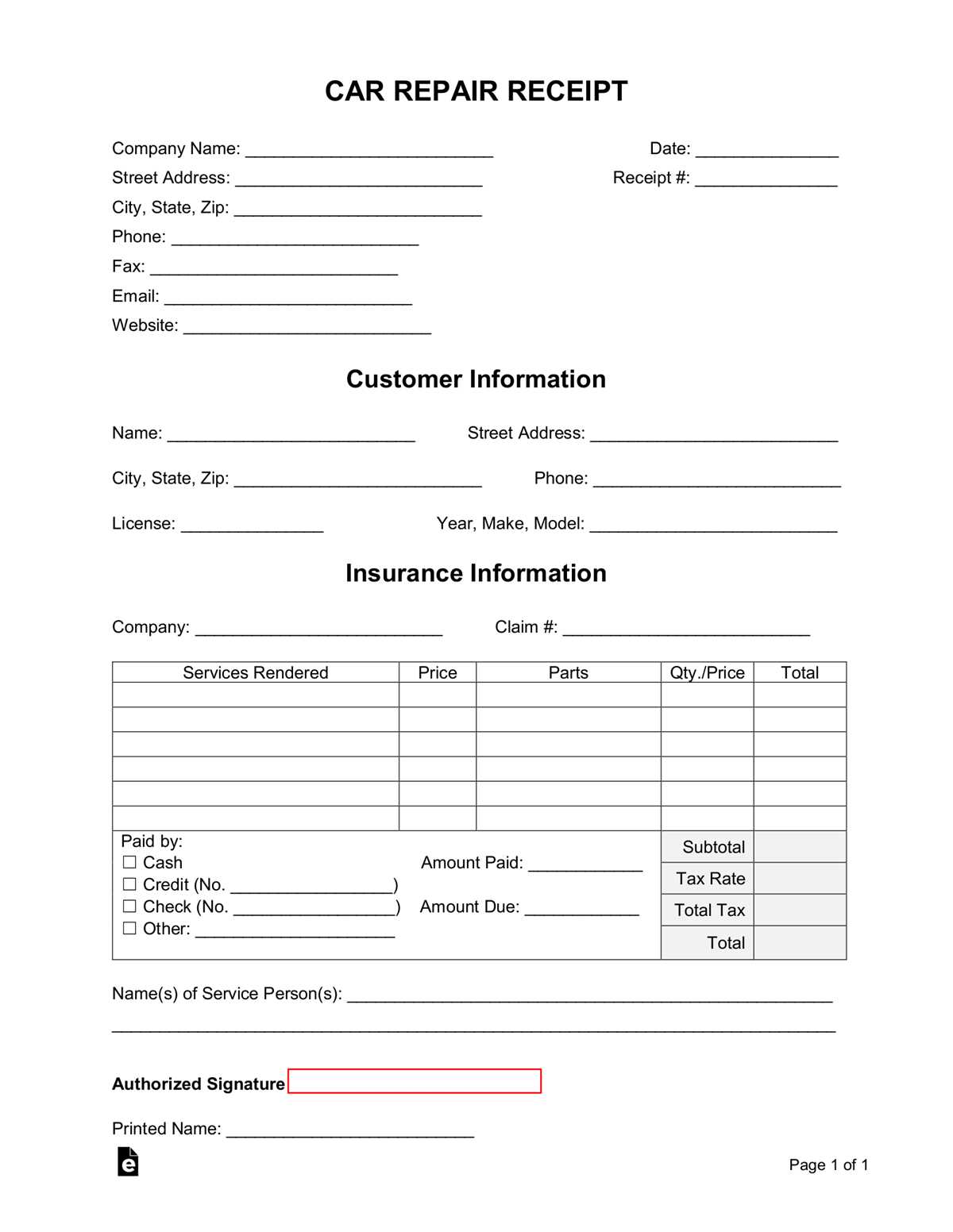 printable auto repair invoice