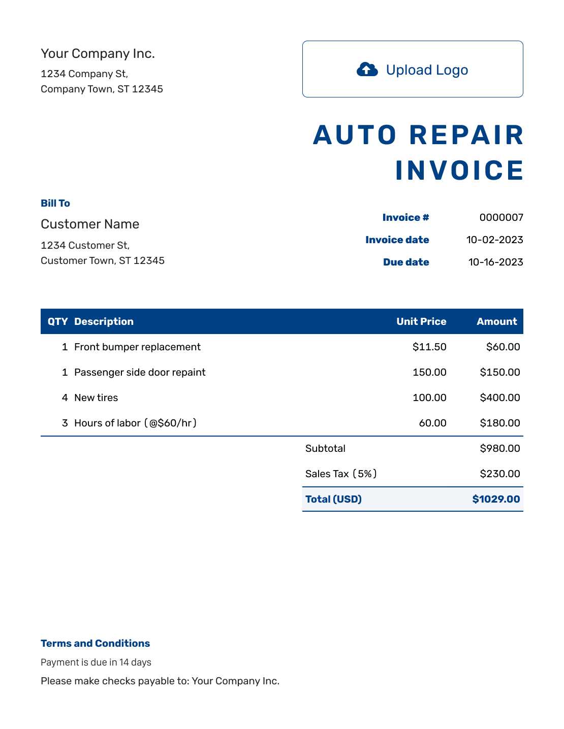 printable auto repair invoice