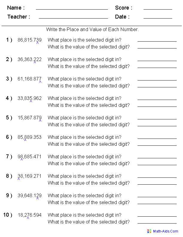 printable place value sheets