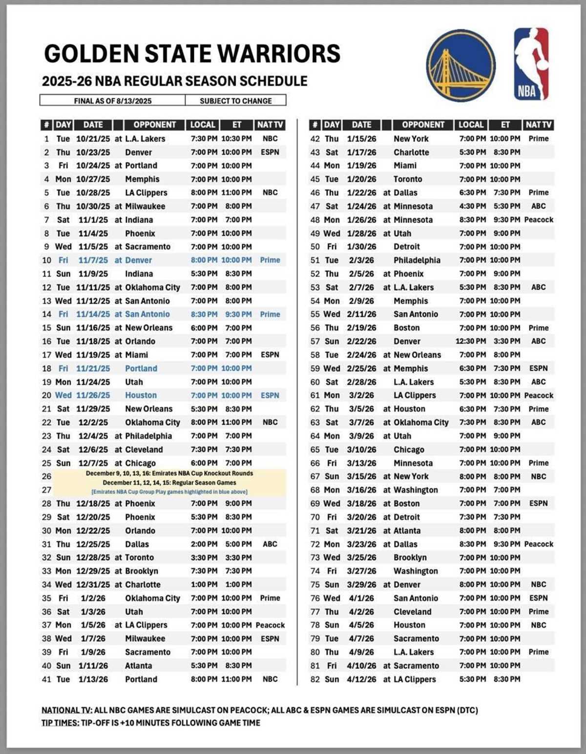 printable warriors schedule