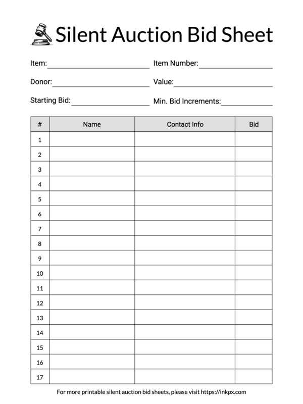 silent auction bid sheet free printable