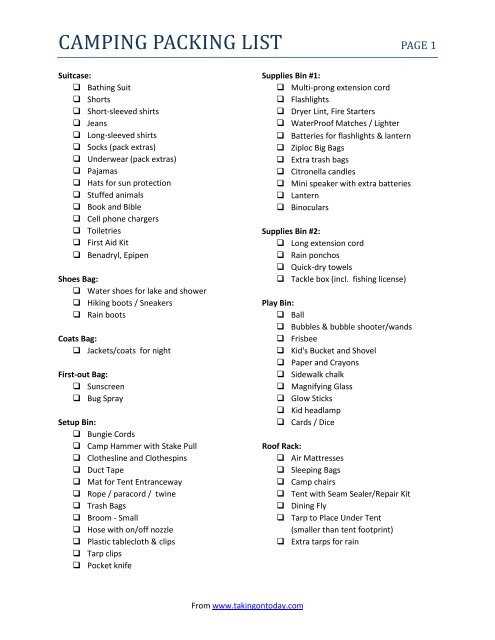 tent camping checklist printable