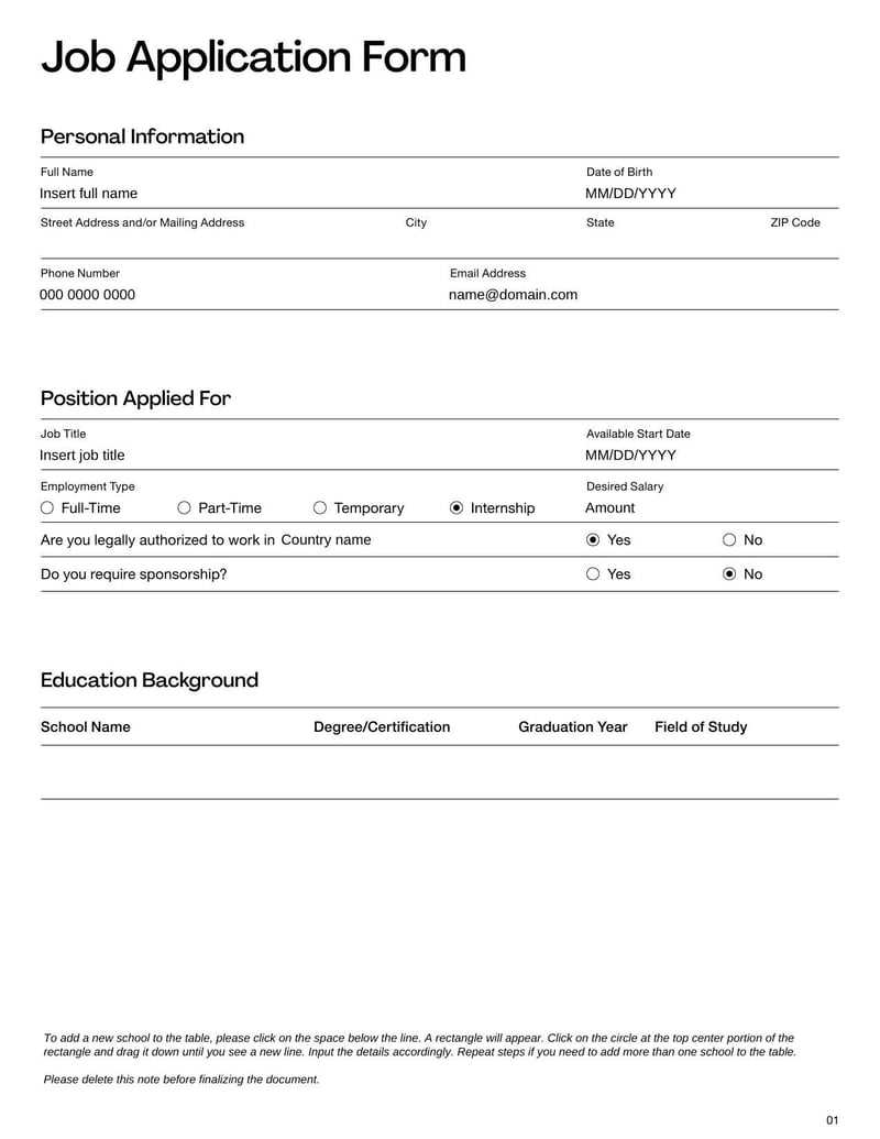 printable job application form