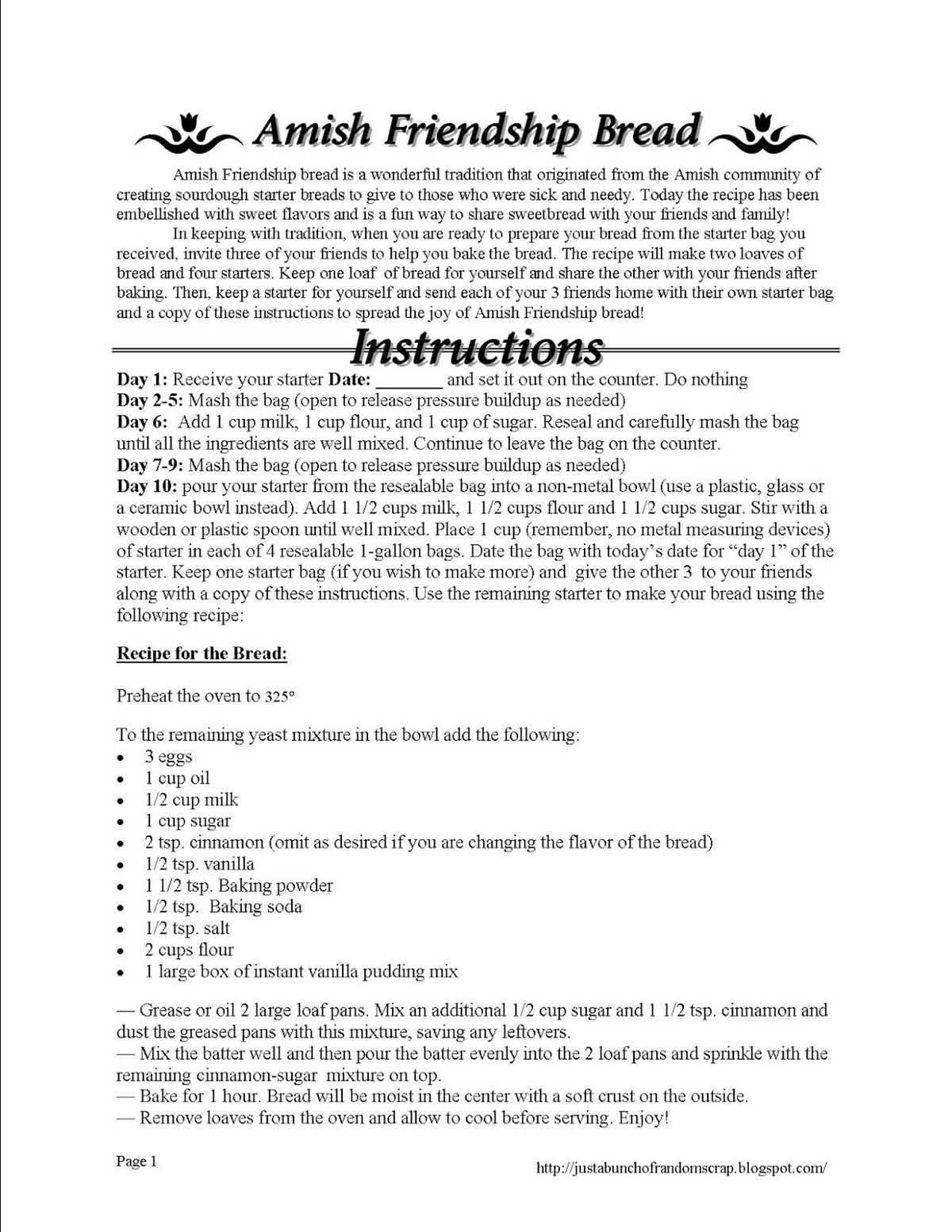 amish friendship bread recipe printable