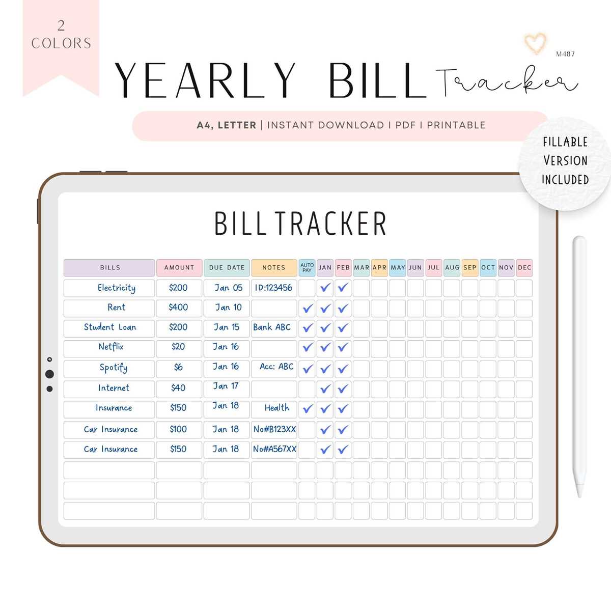 yearly bill tracker printable
